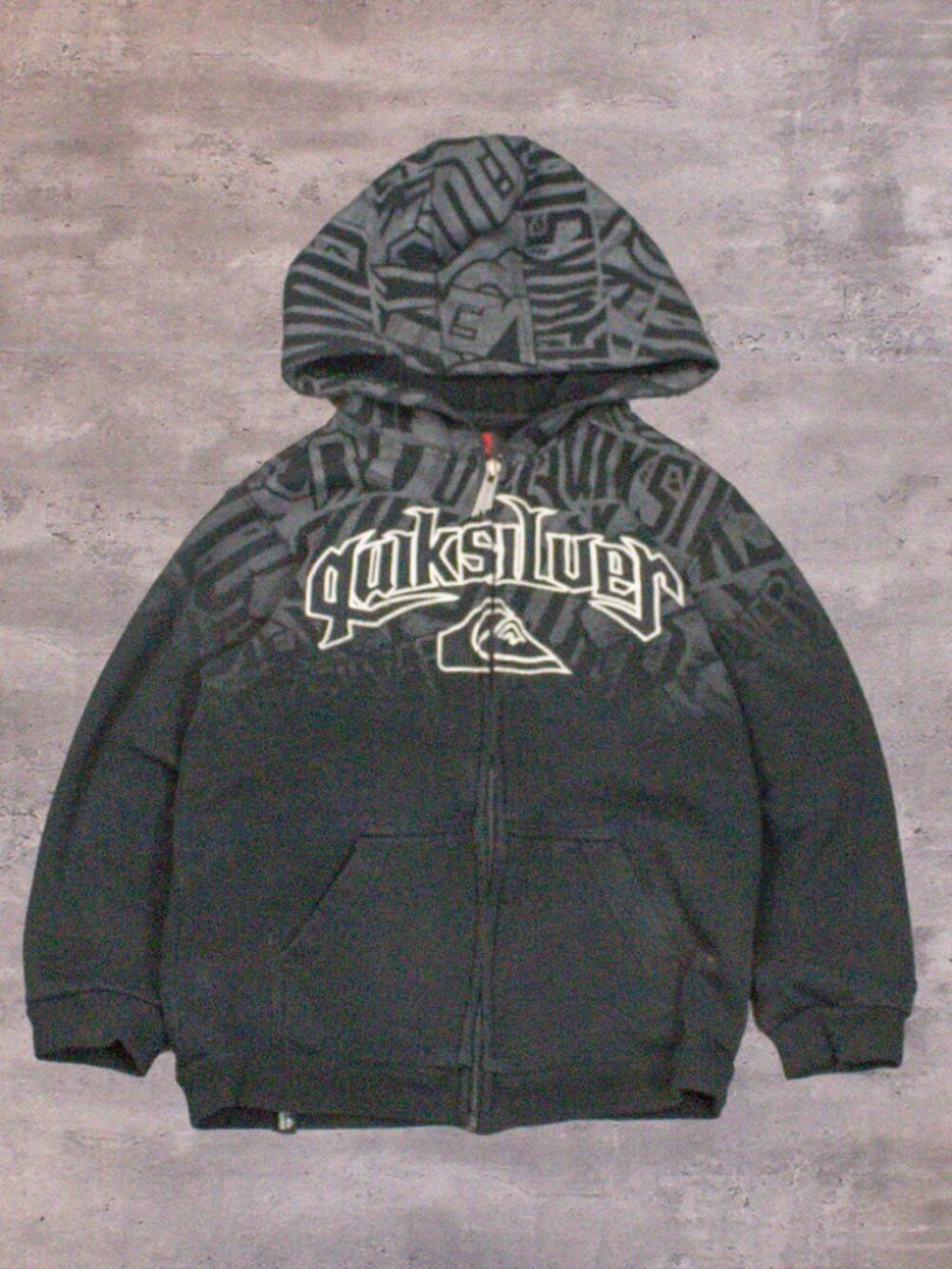 00's Quiksilver All Over Print AOP Grunge Surf Skate Black Zip Y2K Hoodie